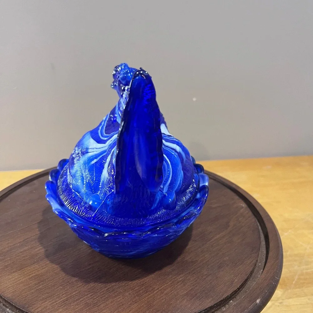 Vtg LG Wright Blue Slag Glass Hen on Nest Farmhouse Marbled READ 5.5in